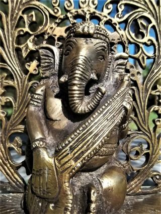Vintage Mid - Century Indian Heavy Brass 8 1/2 " Ganesh Figure W/ Tree Of Life