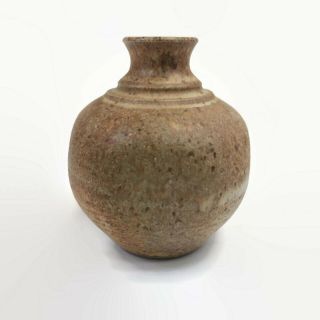 Vintage Stoneware Studio Pottery Vase Brown Beige 3 1/2 " Tall Signed 1981