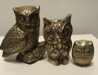 3 Vintage Solid Brass Owl Figurines 4 1/2”,  3 3/4”,  & 2” Tall