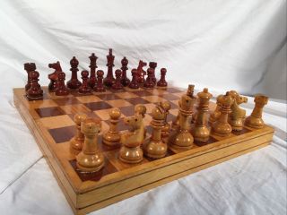 Vtg Antique Hand - Carved Olive Wood Chess Set&board Primitive Folk Art Game Piece