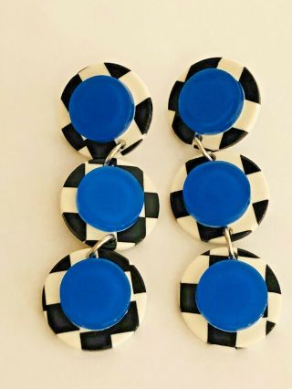 Vintage Black White Checked With Blue Lucite Round 3 Disc Dangle Earrings