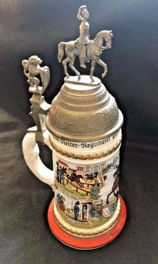 Antique W Germany Wwi Regimental Cavalry Porcelain Litho Pewter Lid Beer Stein