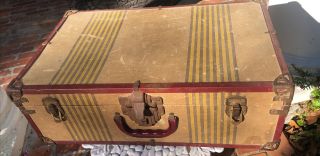 Vintage Tan Tweed Red Striped Cardboard Suitcase Depression Era