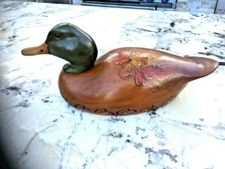H/carved & Painted Signed " Nadine Honton " Duck Decoy W/glass Eyes