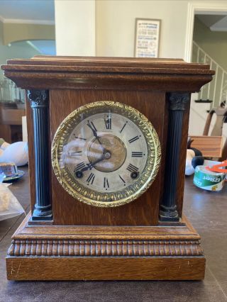 Antique Sessions Wooden Mantle Clock Chimes With Key