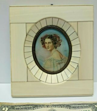 Antique Miniature Painting Portrait Lady Pretty Woman Hand Painted Frame