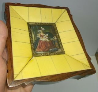 Antique Miniature Painting Portrait Hand Painted Lady Mother With 3 Kids Hat