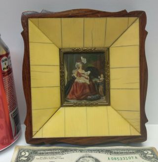 Antique miniature painting portrait hand painted lady mother with 3 kids hat 3