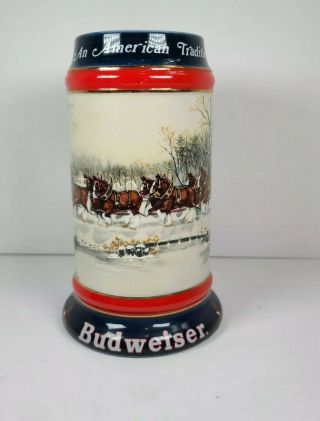 Vintage 1990 Budweiser Clydesdale Holiday Christmas Beer Stein Tankard Mug