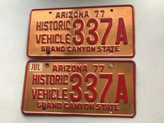 1977 Historical Vehicle Arizona Copper License Plate Pair 337a