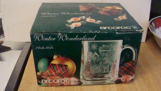 4 Vtg Arcoroc Italy Winter Wonderland Christmas Glass Mugs Usa 9 3/4 Oz Boxed