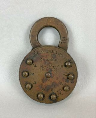 Antique 1909 American Keyless Lock Co.  " No - Key " Brass Combination Lock
