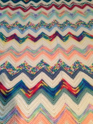 Vintage Afghan Handmade Crochet Blanket Multi - Colors Chevron Pattern