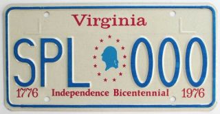 Virginia 1976 Bicentennial Sample Optional License Plate,  Spl 000,