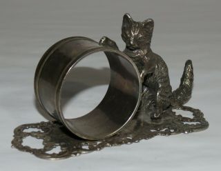 Antique Silver - Plated Figural Cat On Ornate Base Napkin Ring