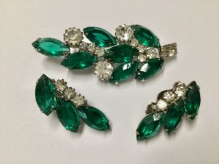 Vintage High End Juliana Green Rhinestone Pin Brooch Earrings Set Estate Jewelry