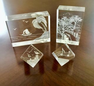 Vintage 80’s Acrylic Lucite Paperweight Cubes 3d Images:tropical,  Music,  Country