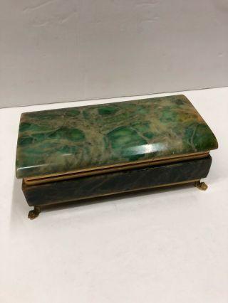 Vintage Antique Italian Green Marble Alabaster Footed Gilded Jewelry Box Casket