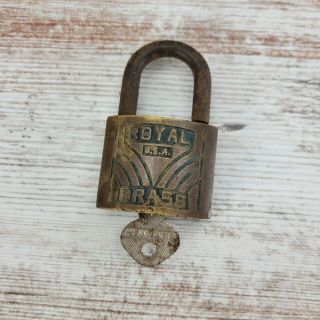 Vintage Royal U.  S.  A.  Brass Lock Padlock With Key