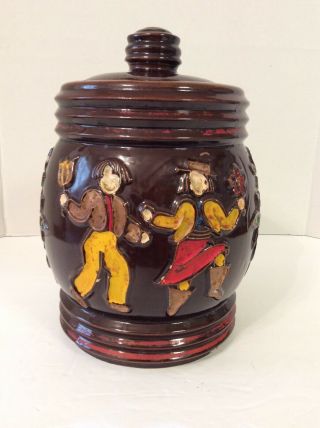 Antique 1940s Red Wing Pottery " Dancing Peasants " Cookie Jar 10 "