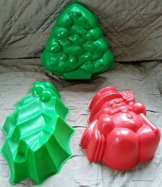 Set Of 3 Vintage Jell - O Molds Holly Snowman Tree Reed Green Christmas Holiday