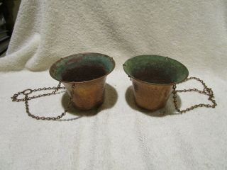 2 Vintage Hammered Copper Hanging Flower Pots