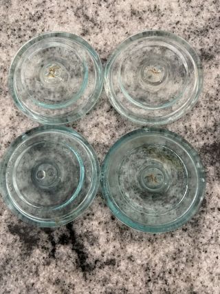 Four Vtg Glass Lightning Canning Jar Lids Wire Bale Marked Hazel Atlas Co Aqua