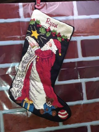 Vintage Needlepoint Wool Old World Santa With List,  " Ryan " Christmas Stocking