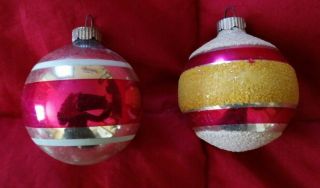 2 Vintage Shiny Brite Striped Balls Christmas Ornaments - One Mica