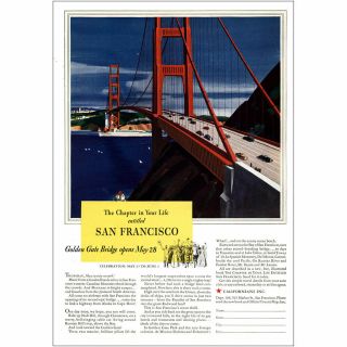 1937 San Francisco: Golden Gate Bridge Opens May 28 Vintage Print Ad