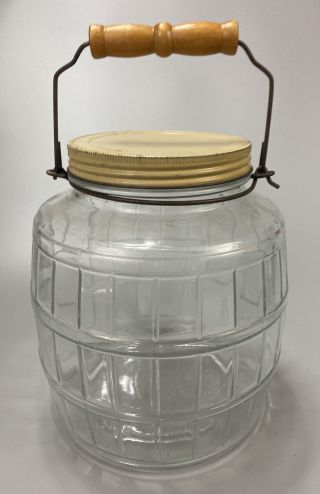 Vintage 1 Gallon Glass Barrel Style Pickle Jar W/ Lid Canister Wood Handle Aa