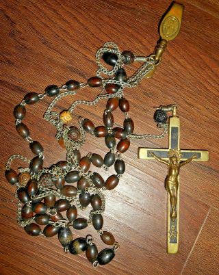 † Nun Antique Brown Wooden Beads Habit Rosary,  Congregation Medal Crucifix †