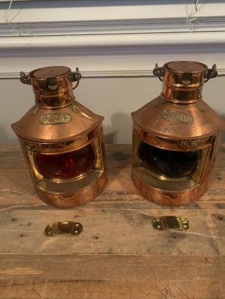 Antique Tung Woo Copper Port & Starboard Nautical Ship Oil Lamps Lanterns