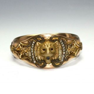 Antique Victorian Rose Gold Filled Jeweled Lion Head Hinged Cuff Bracelet 45g