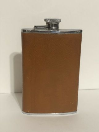 Vintage Stainless Steel 8oz Hip Flask English Tan Pigskin Leather Bound England