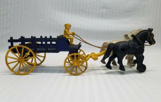 Vintage Antique Cast Iron Toy Horse Drawn Carriage Wagon Driver Great Patina 3