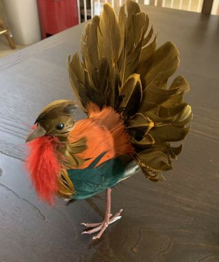 Vtg Large Turkey Bird Fall - Thanksgiving Xmas Decoration Real Feather Ornament
