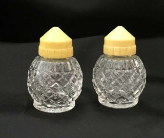 Set - Vintage Glass Salt & Pepper Shakers Yellow Plastic Tops - 30’s