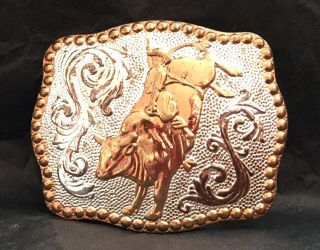 Vtg Small Size Little Bull Rider Cowboy Rodeo Bullriding Silver Gold Belt Buckle