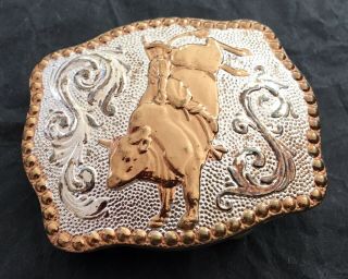 VTG Small Size LITTLE BULL RIDER Cowboy Rodeo Bullriding Silver Gold BELT BUCKLE 3