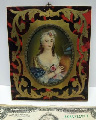 Antique Miniature Painting Lady Portrait Inlaid Frame Barberina After A.  Pesne