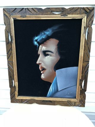 Vintage Velvet Crying Elvis Painting 24 X 20 Framed Signed Ortiz Art
