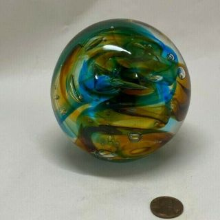 Vintage Large Dynasty Gallery Art Glass Paperweight Swirls & Bubbles 4”