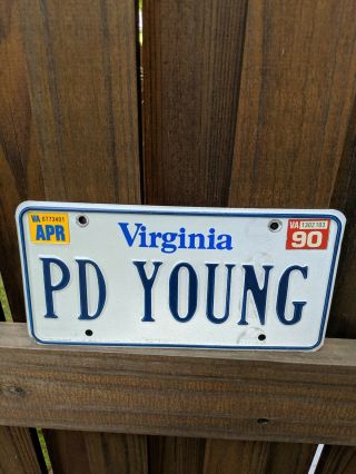 1990 Virginia Vanity License Plate Pd Young Police Department Paul 90 Va Petey