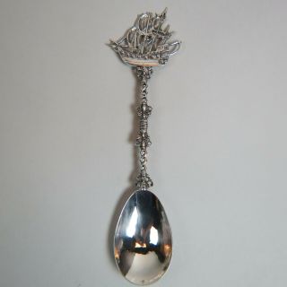 Early Dutch Silver Large Serving Spoon W.  Figural Galleon Ship