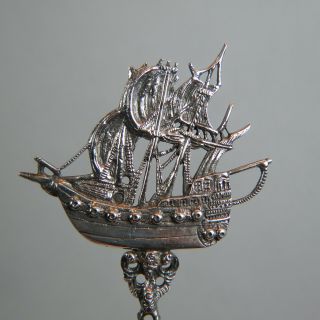 Early Dutch Silver Large Serving Spoon w.  Figural Galleon Ship 2