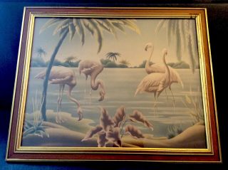 Vintage Mid Century Flamingo Picture By Turner 32”x25” Billy Seay Framed
