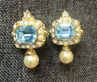 Joan Rivers Faux Blue Topaz Pavé Crystal Pearl Drop Clip - On Earrings Goldtone