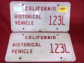 2003 Tagged California Historical Vehicle License Plate Pair 123l As Found