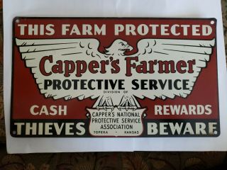 Vintage Cappers Farmer Protective Service Tin Sign Kansas